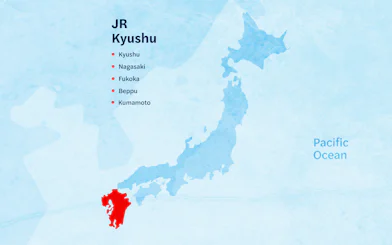Map highlighting Kyushu region in Japan with cities for JR Kyushu Rail Pass.