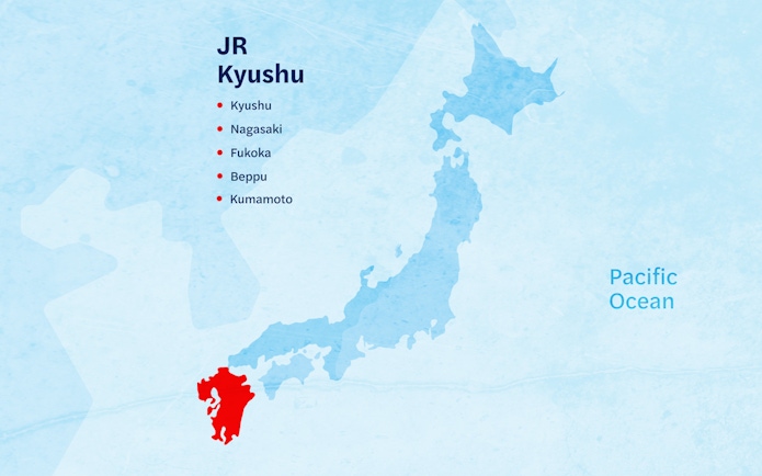 Map highlighting Kyushu region in Japan with cities for JR Kyushu Rail Pass.