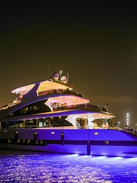 Luxury yacht illuminated at night on a city cruise.