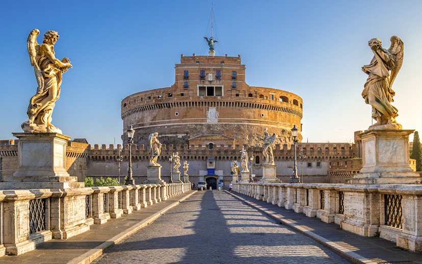 Castel Sant'Angelo with angel statues on Ponte Sant'Angelo, Rome.