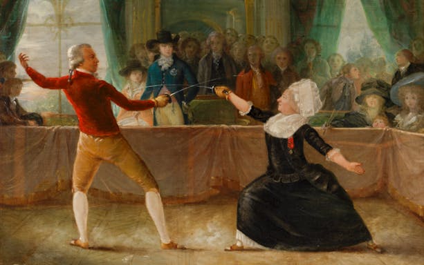 Fencing duel scene at Musée de l'Armée, Paris, with spectators in period attire.
