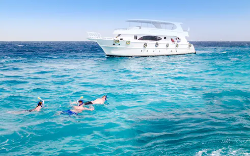 Friends snorkelling in the Red Sea near a boat during Dolphin Watching Tour, Hurghada.