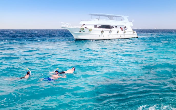 Friends snorkelling in the Red Sea near a boat during Dolphin Watching Tour, Hurghada.