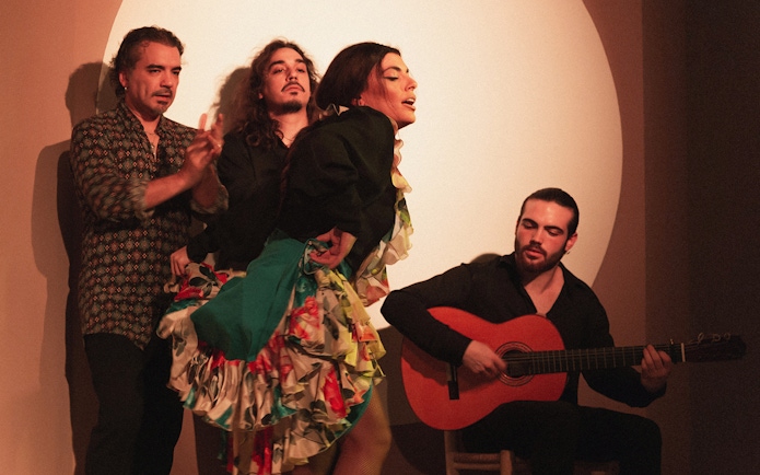 Flamenco dancers and guitarist performing at a tablao in Madrid.