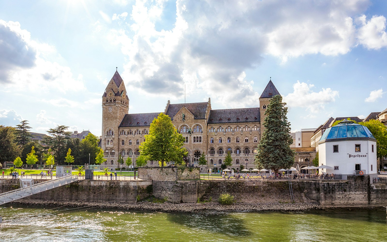 Prussian government building viewed from a Koblenz sightseeing cruise on the Rhine River.