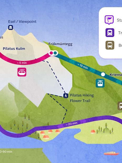 Map of Mount Pilatus Silver Round Trip from Lucerne, showing routes by train, gondola, and cable car.