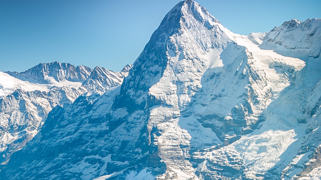 Snow-covered peaks of Jungfraujoch in the Swiss Alps.