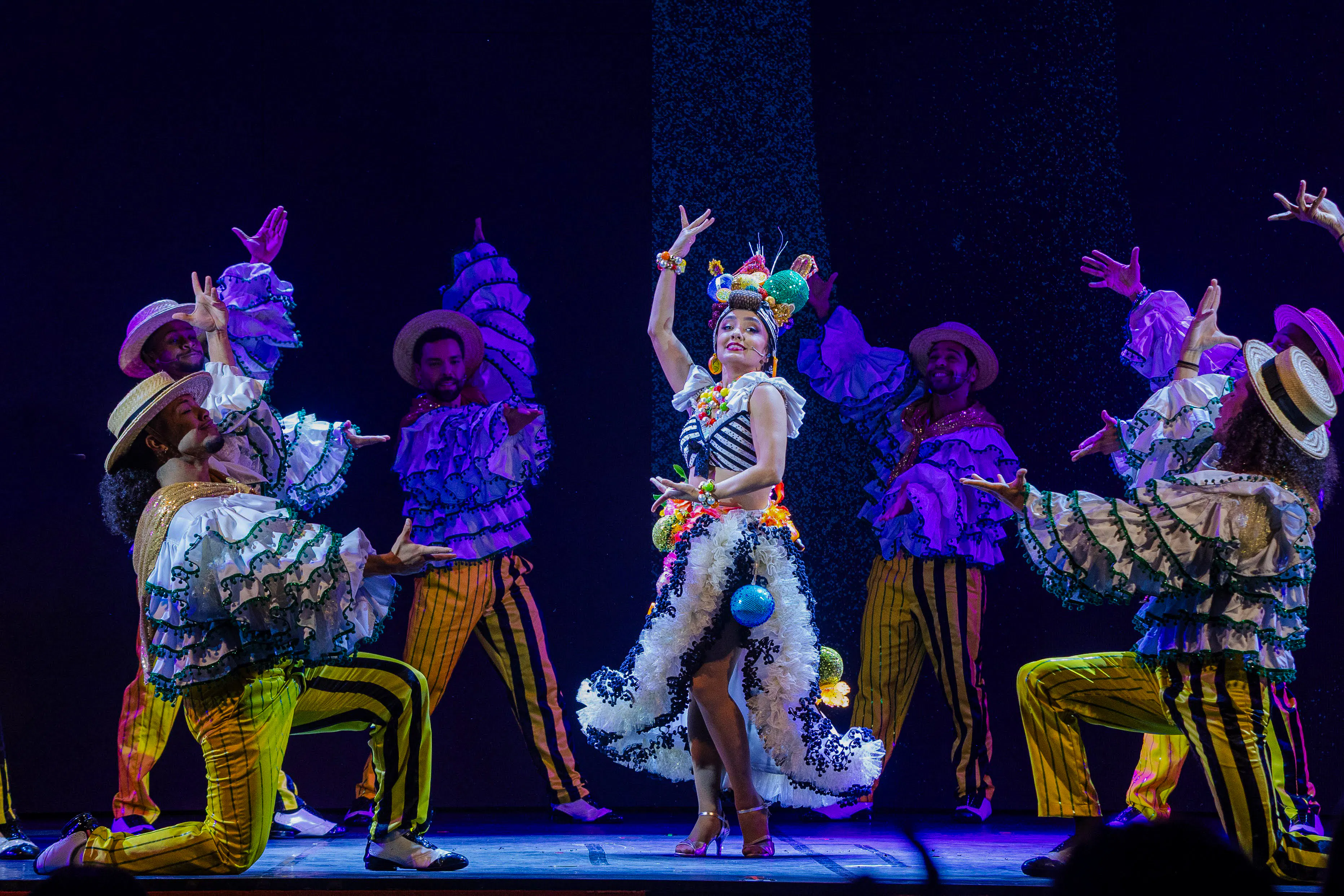 Performers in vibrant costumes dancing at the Roxy Dinner Show in Rio de Janeiro.