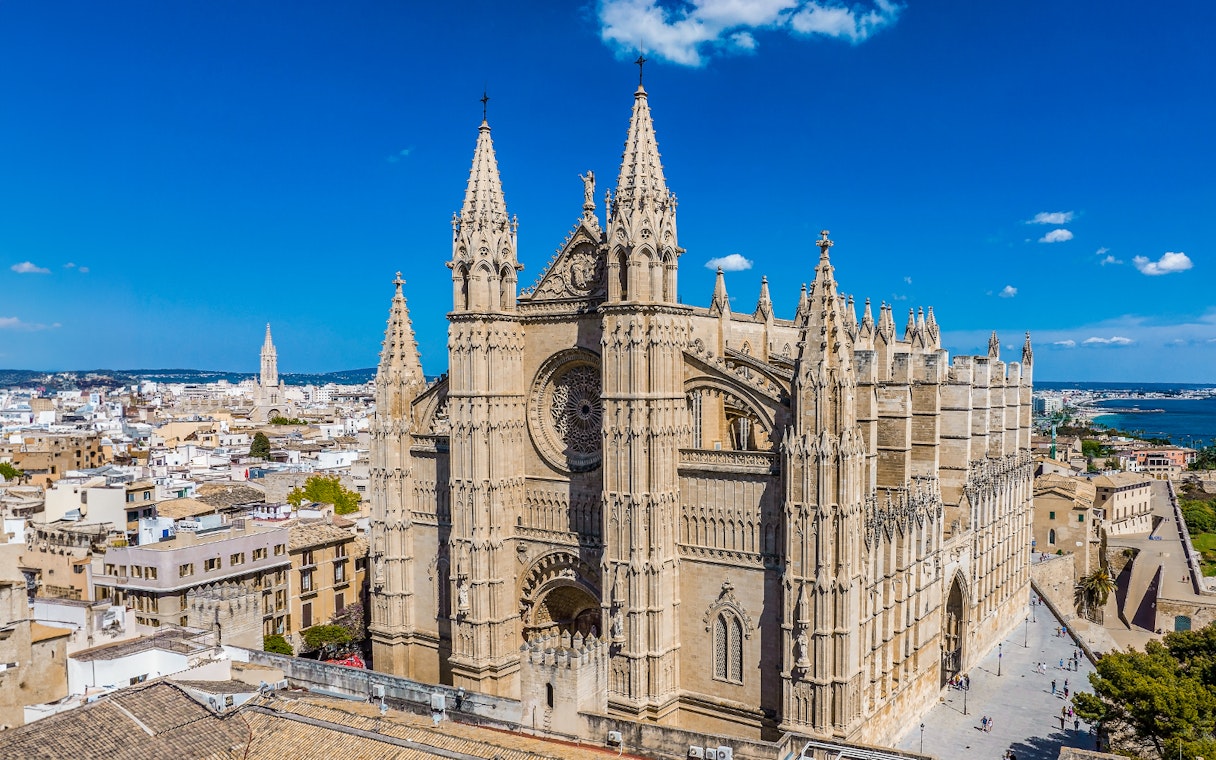 Mallorca Cathedral with gothic architecture in Palma, overlooking the city and sea.