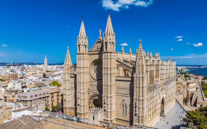 Mallorca Cathedral with gothic architecture in Palma, overlooking the city and sea.