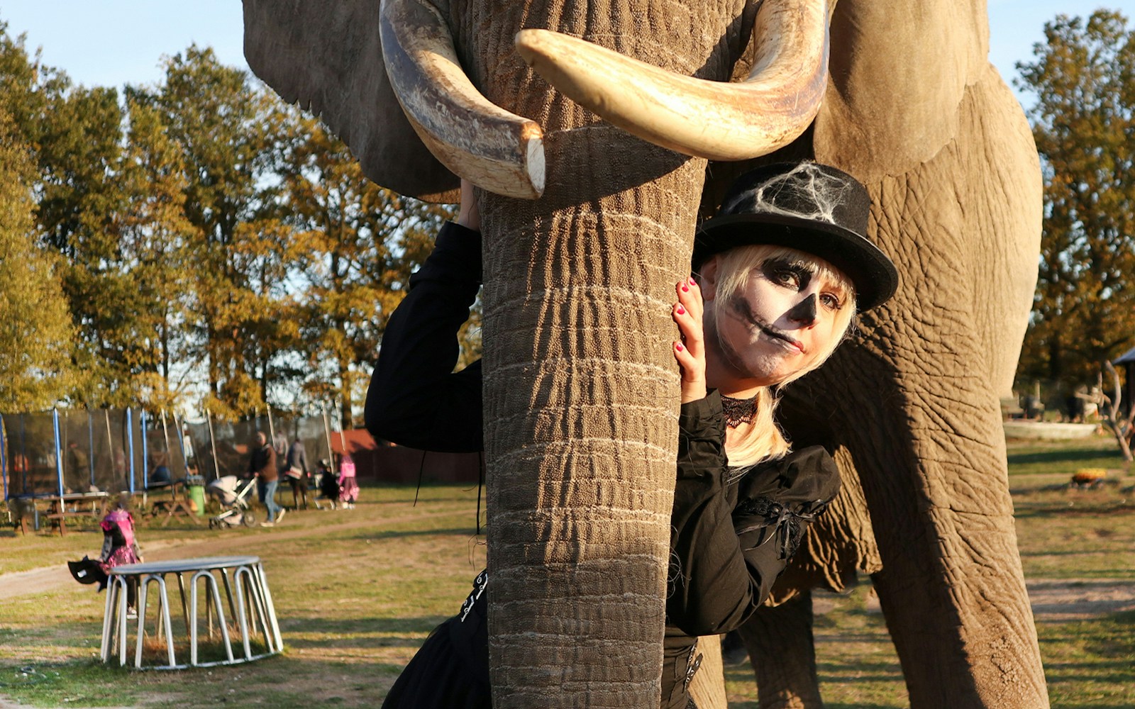 Person in Halloween makeup with elephant at zoo event.
