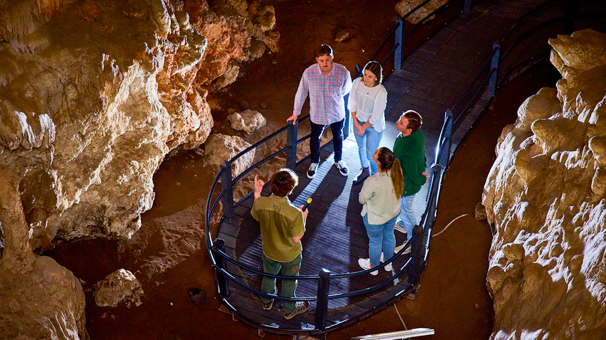 Group exploring Ngilgi Cave on a guided tour, standing on a walkway surrounded by rock formations.