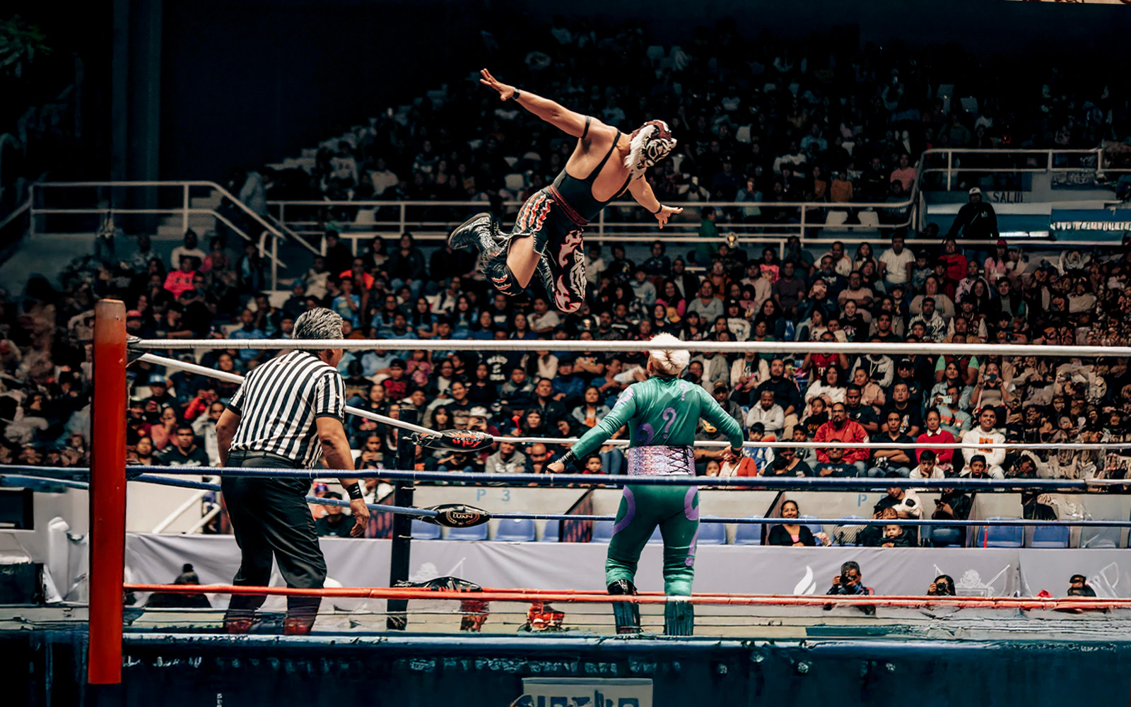 Wrestler performing aerial move in Lucha Libre match at Arena Mexico.