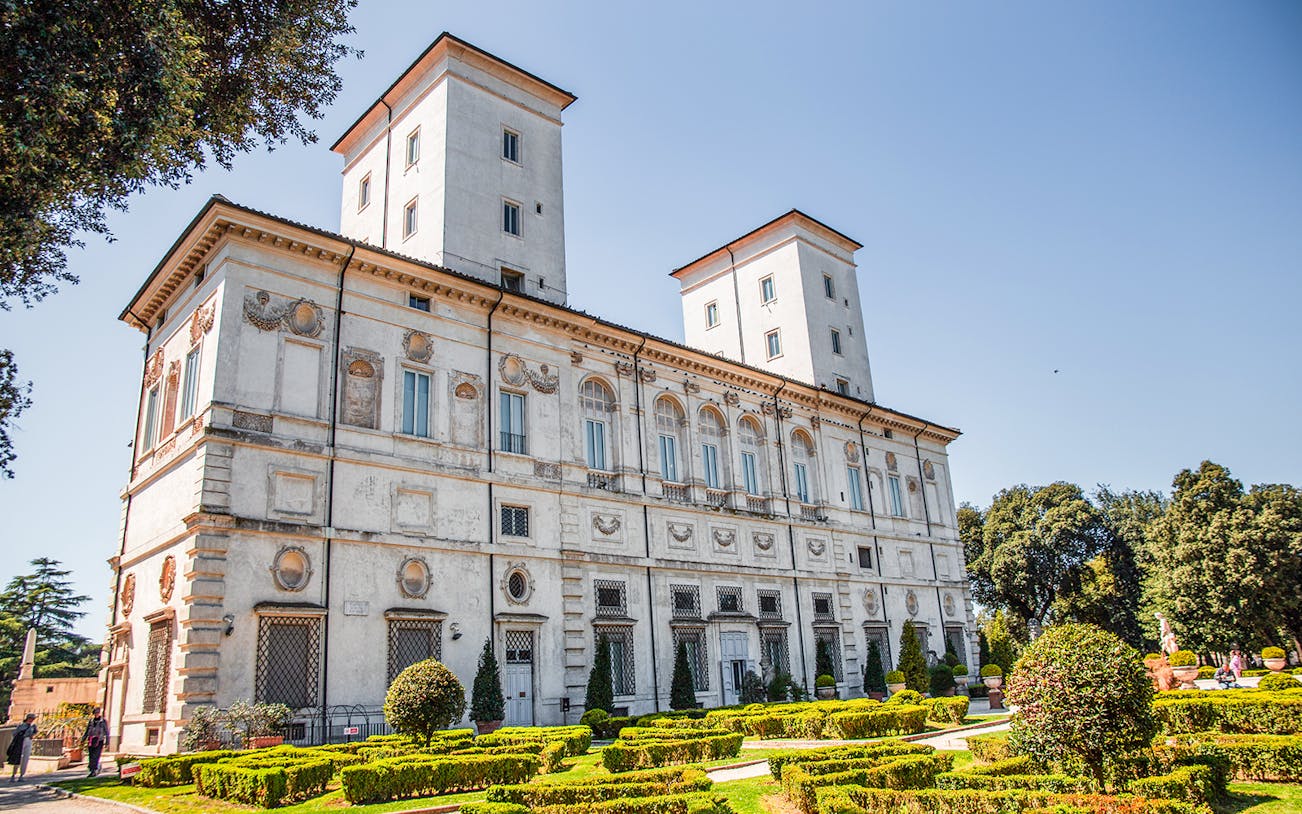 Borghese Gallery exterior with gardens in Rome, Italy.