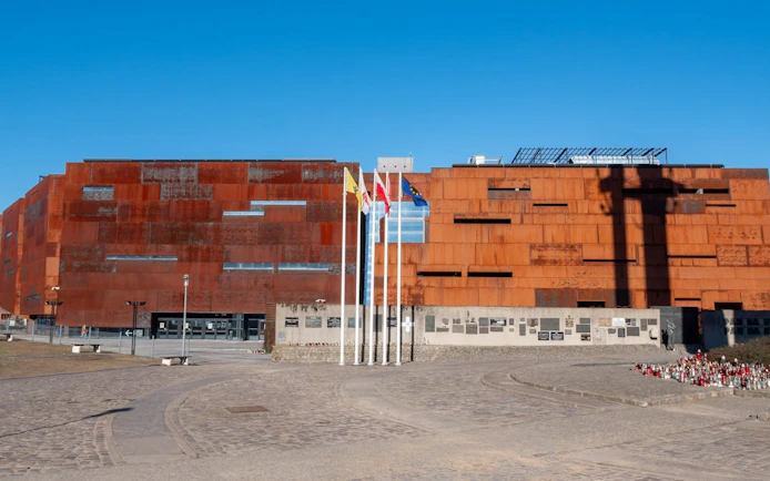 European Solidarity Centre exterior with flags, Gdańsk, Poland.