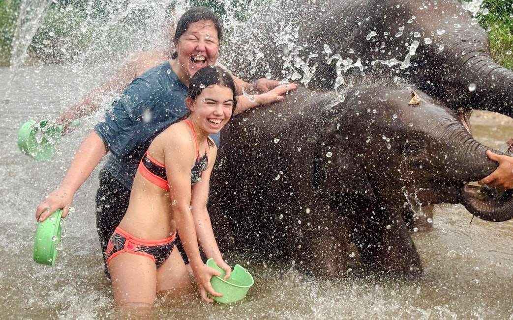 Visitors enjoying a water activity with elephants at Chiang Mai Elephant Sanctuary.