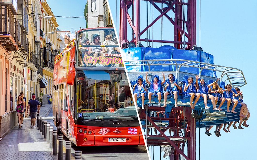 Seville hop-on hop-off bus tour and Isla Mágica amusement park ride.