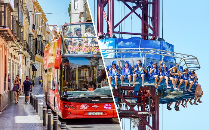 Seville hop-on hop-off bus tour and Isla Mágica amusement park ride.