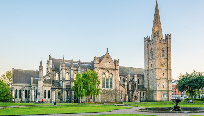 St. Patrick's Cathedral in Dublin viewed from a hop-on hop-off tour bus.