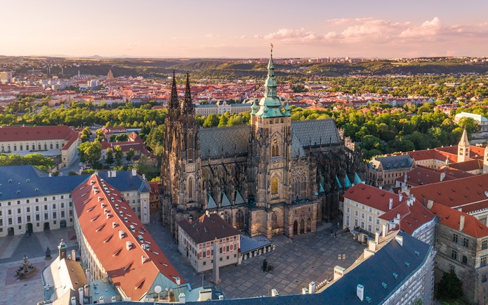 Prague Castle aerial view with surrounding cityscape, part of Combo Save 10% tour offer.