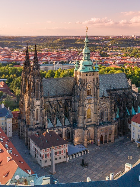 Prague Castle aerial view with surrounding cityscape, part of Combo Save 10% tour offer.