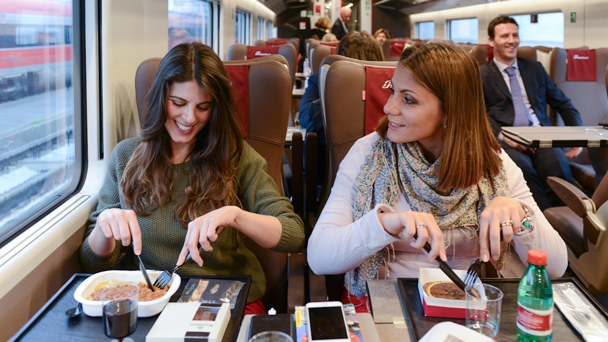 Friends eating on Train