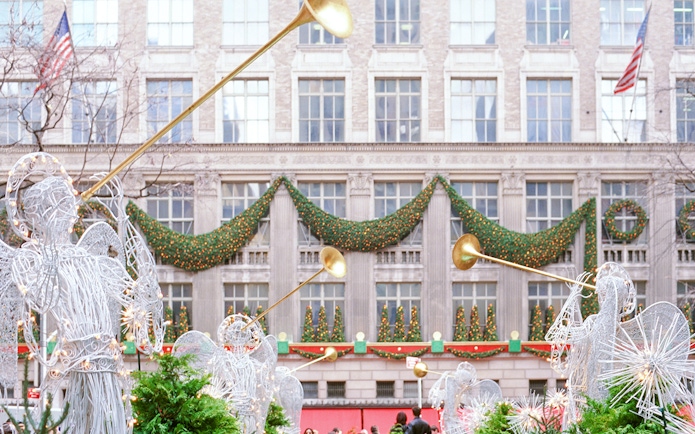 Rockefeller Center with festive garlands and Christmas tree, New York City.