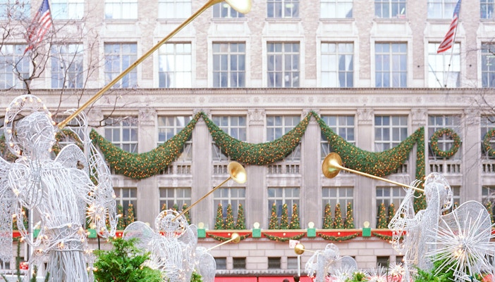 Rockefeller Center with festive garlands and Christmas tree, New York City.