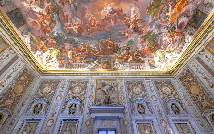 Borghese Gallery ceiling painting depicting mythological scene, Rome, Italy.