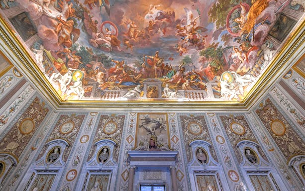 Borghese Gallery ceiling painting depicting mythological scene, Rome, Italy.