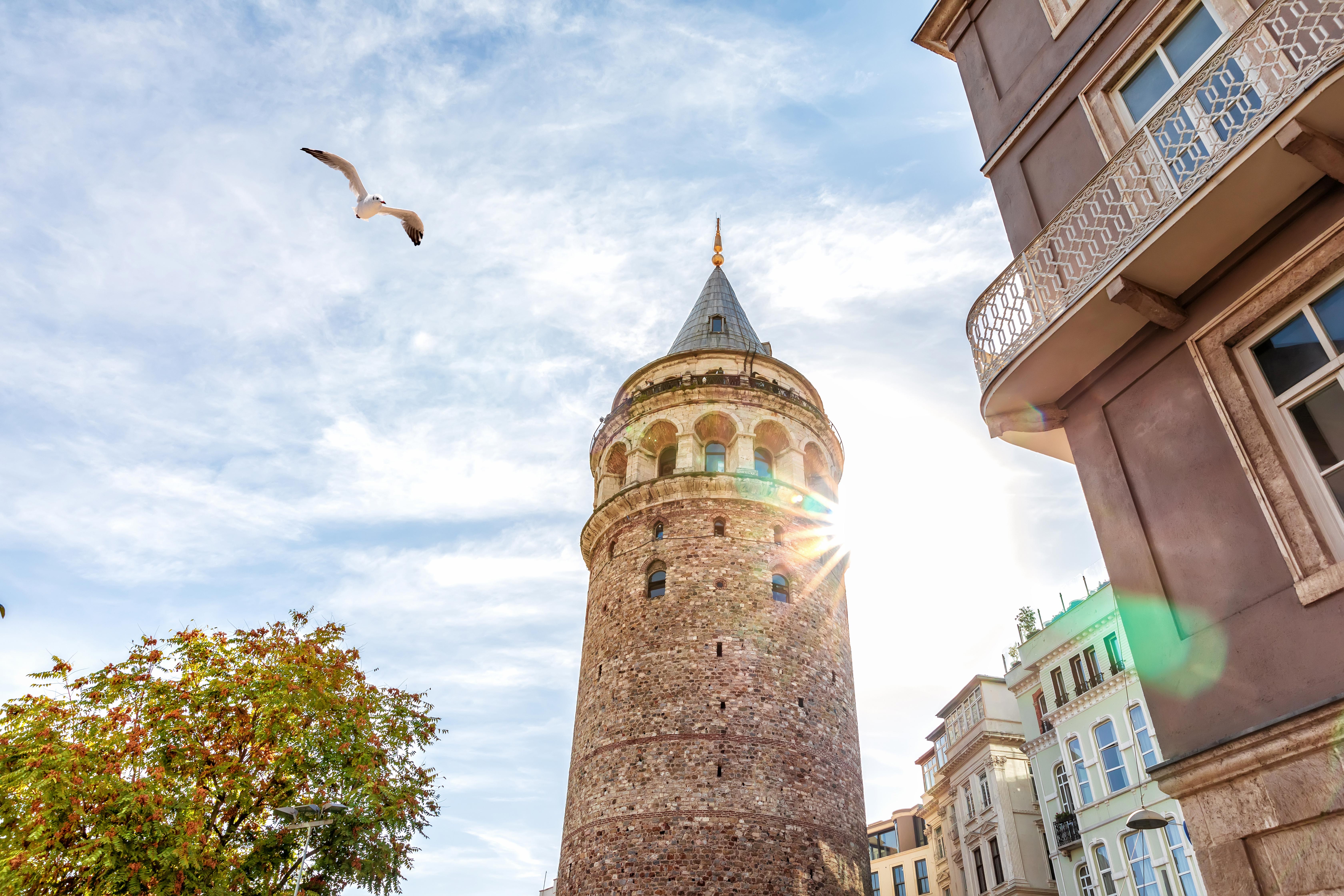 Galata Tower in the autumn sun, Istanbul, Turkey