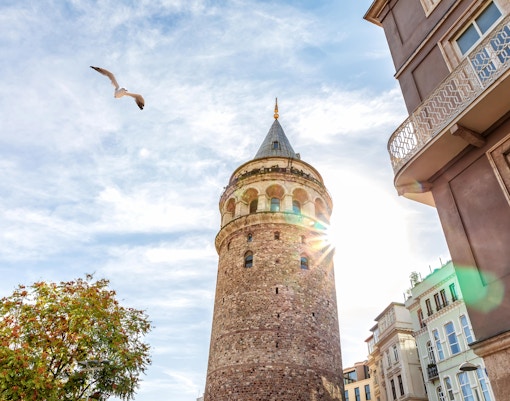 Galata Tower in the autumn sun, Istanbul, Turkey