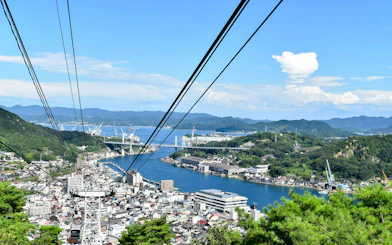 Ropeway view over Onomichi cityscape and Seto Inland Sea, Hiroshima Prefecture, Japan.