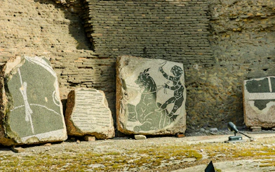 Fresco fragments depicting a figure on horseback in the Baths of Caracalla, Rome.