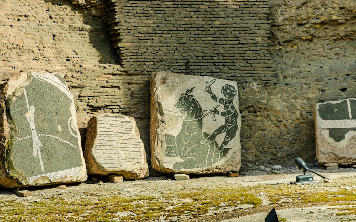 Fresco fragments depicting a figure on horseback in the Baths of Caracalla, Rome.