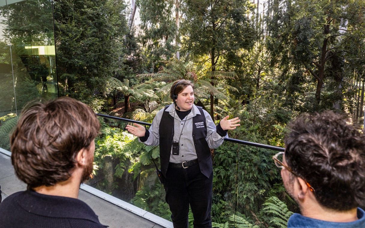 Tour guide explaining exhibits to visitors at Melbourne Museum.