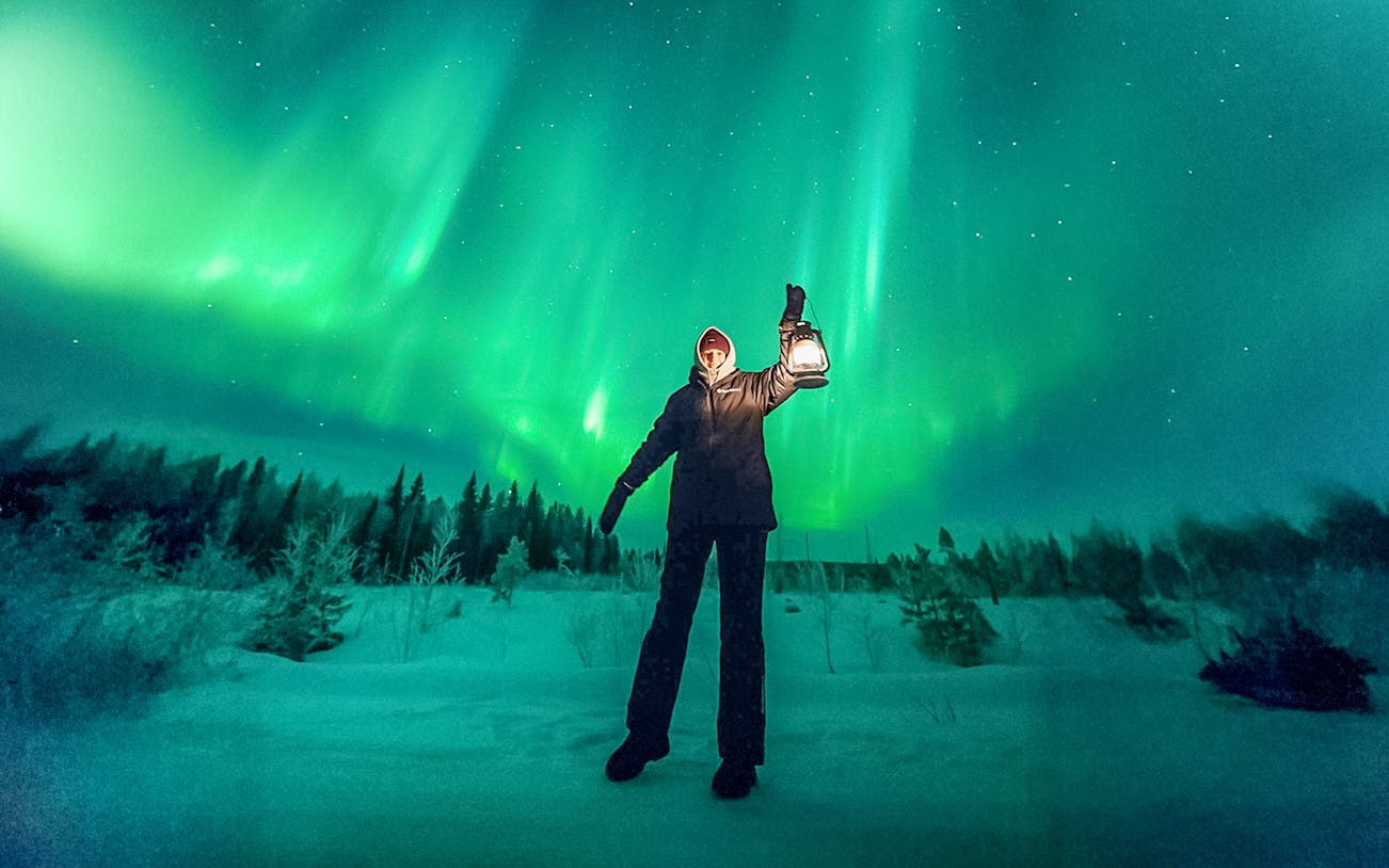 Person holding lantern under northern lights during group tour.