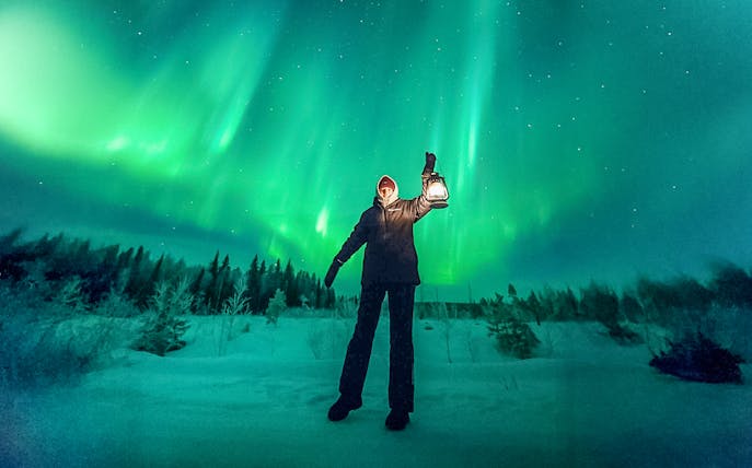 Person holding lantern under northern lights during group tour.
