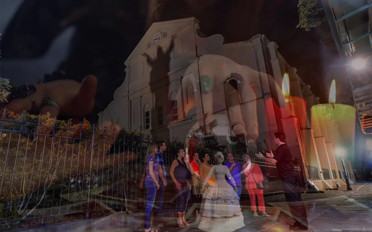 Tour group outside a historic building during the New Orleans Interactive Ghosts and Spirits Walking Tour.