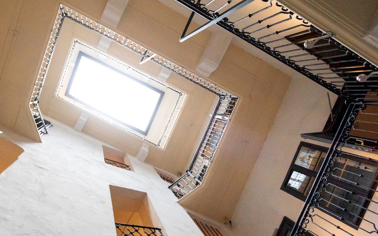 Staircase view inside Mozart's residence in Vienna, Austria.