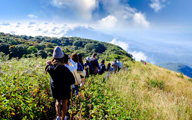 Group trekking at sunrise on Kew Mae Parn trail, Inthanon National Park, Thailand.