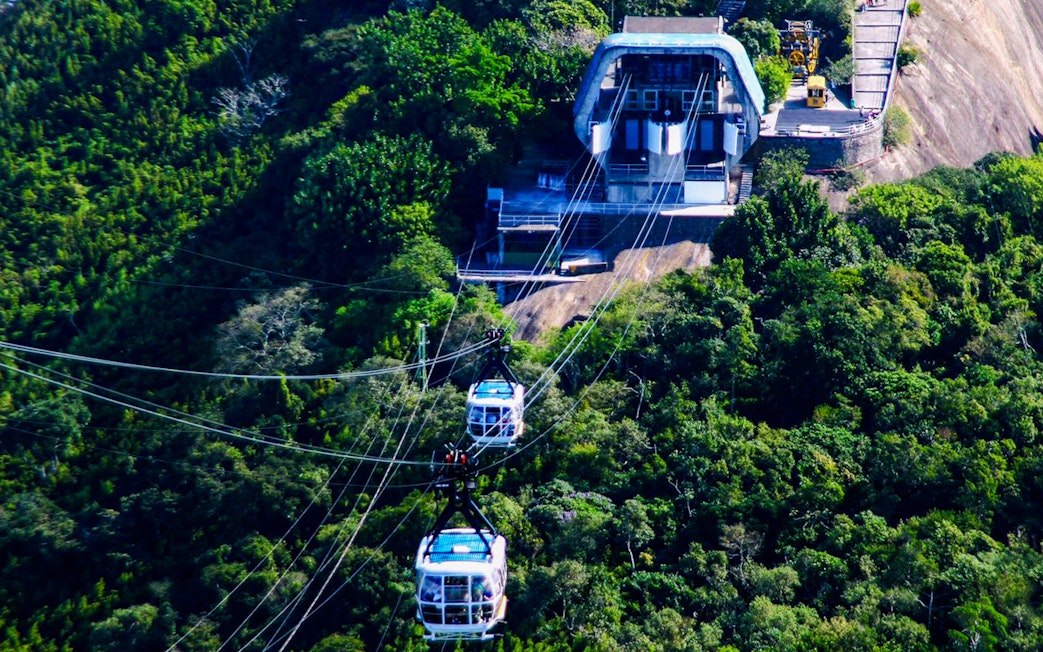 Cable car ascending Sugarloaf Mountain, Rio de Janeiro, surrounded by lush greenery.