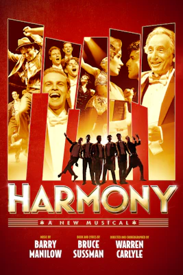 Six performers in period costumes sing on stage in Harmony: A New Musical.