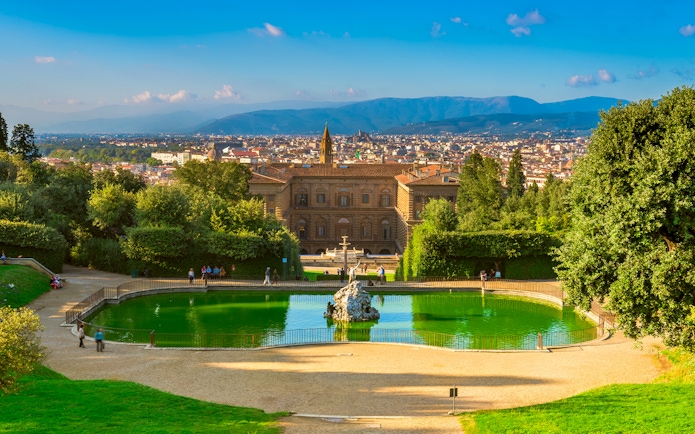 Boboli Gardens with view of Florence and Pitti Palace in the background.