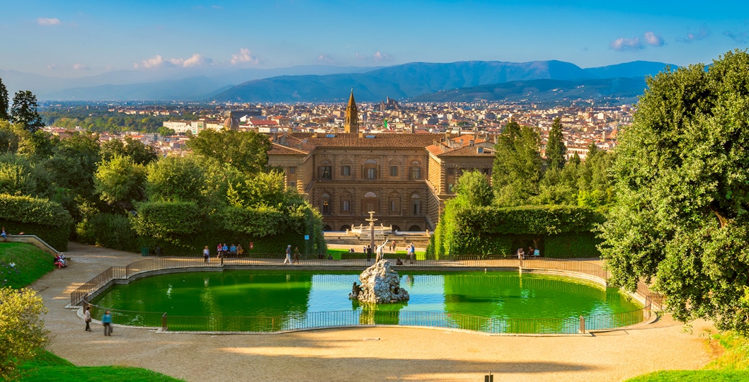 Boboli Gardens with view of Florence and Pitti Palace in the background.