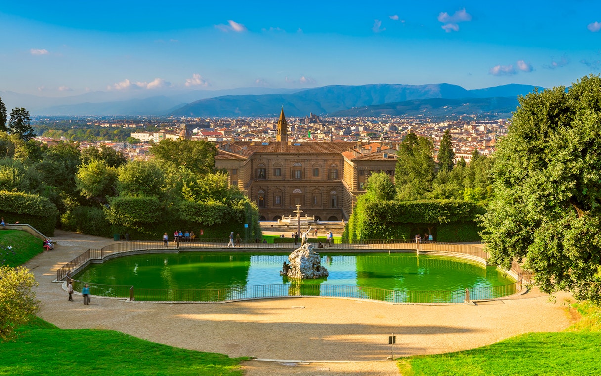 Boboli Gardens with view of Florence and Pitti Palace in the background.