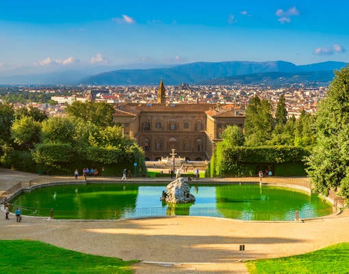 Boboli Gardens with view of Florence and Pitti Palace in the background.
