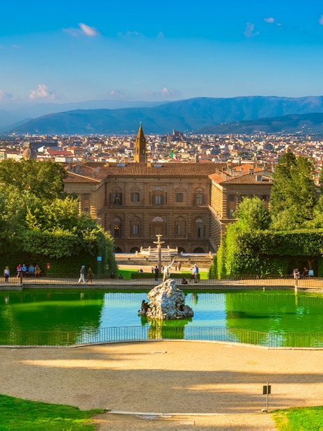 Boboli Gardens with view of Florence and Pitti Palace in the background.