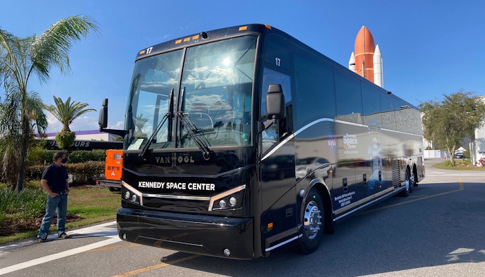 Visitors exploring a rocket exhibit at Kennedy Space Center, Florida, during a guided tour.