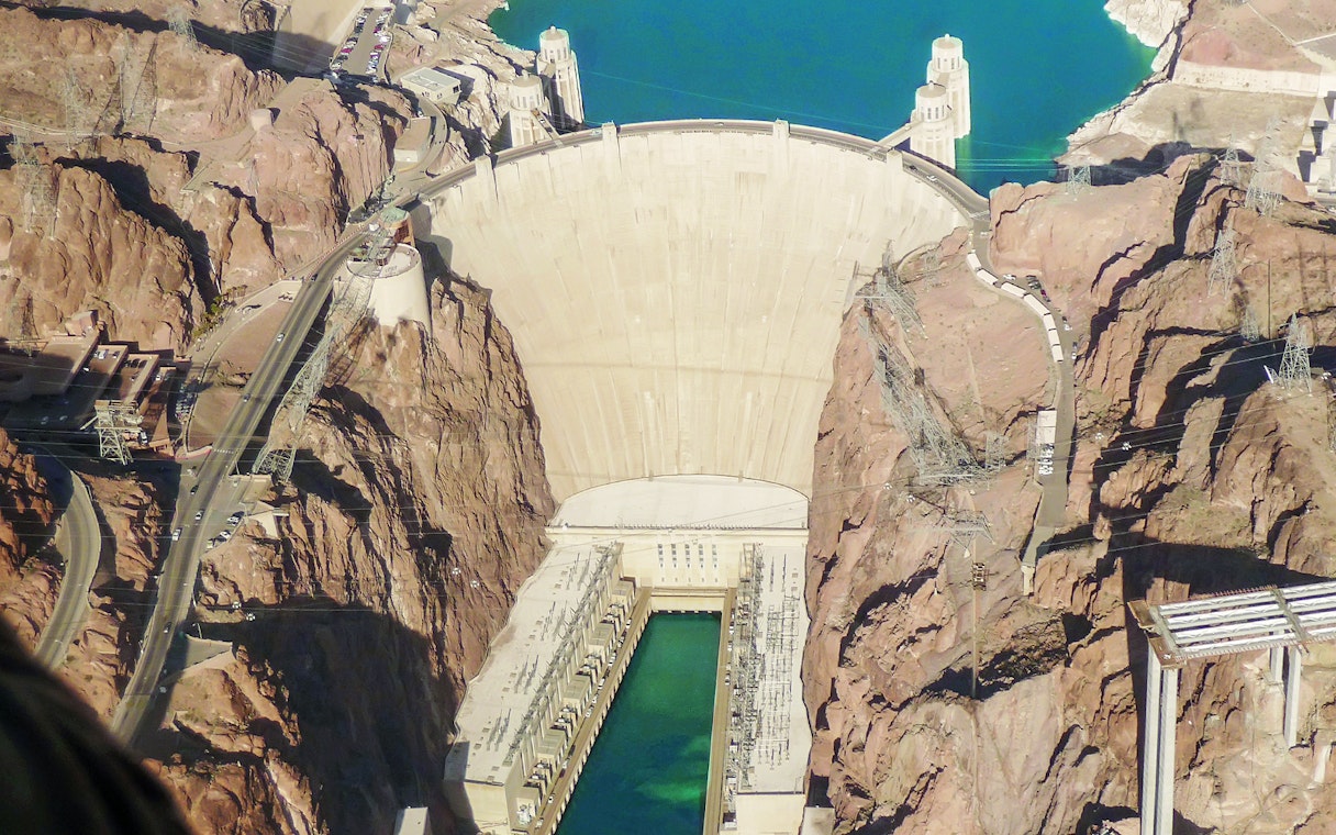Aerial view of Hoover Dam on the Grand Canyon West Rim Airplane Tour.